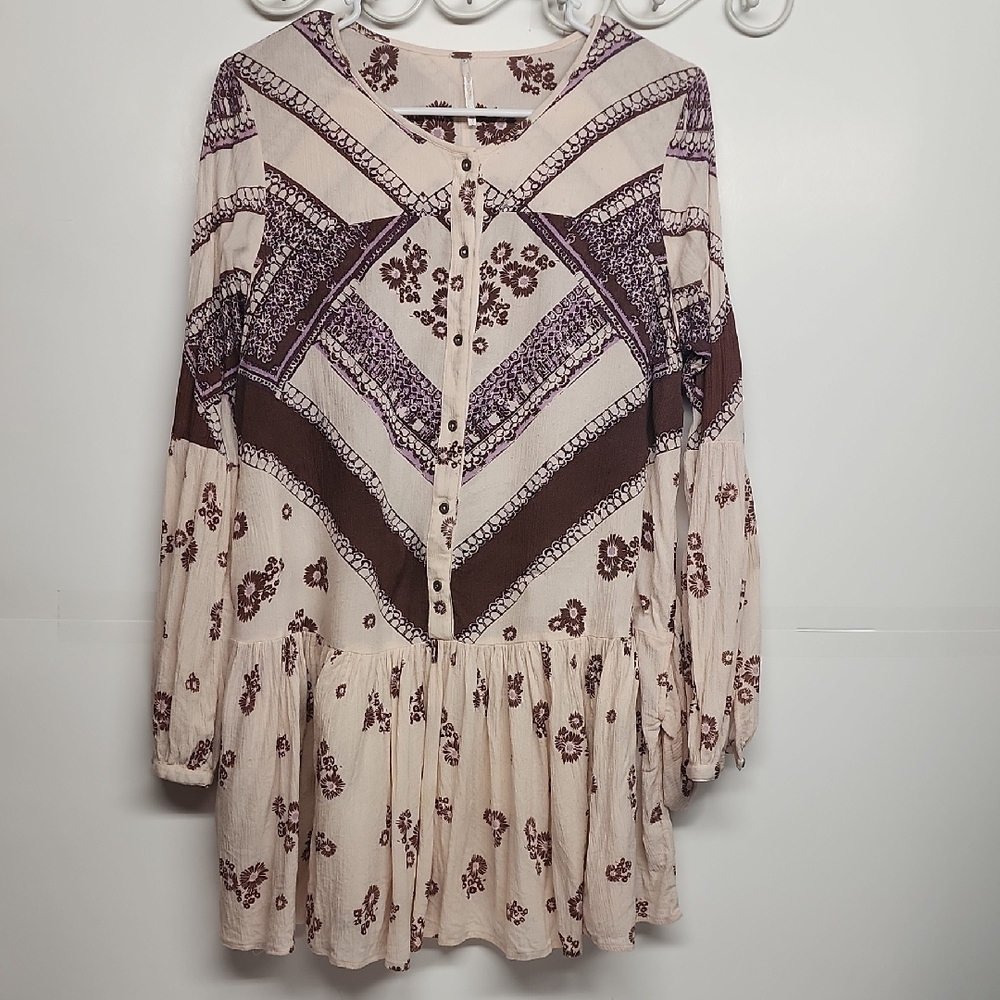 Free People Boho oversized floral brown& pink long-sleeve blouse dress w/pockets